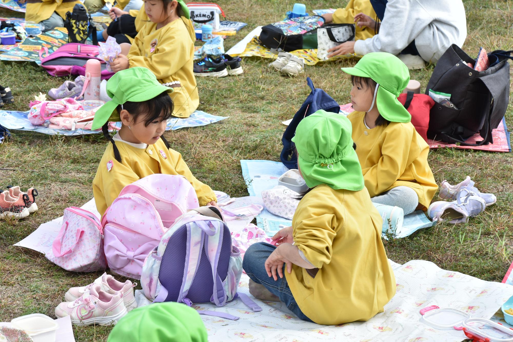 臨海公園の芝生の上でお弁当を食べている様子